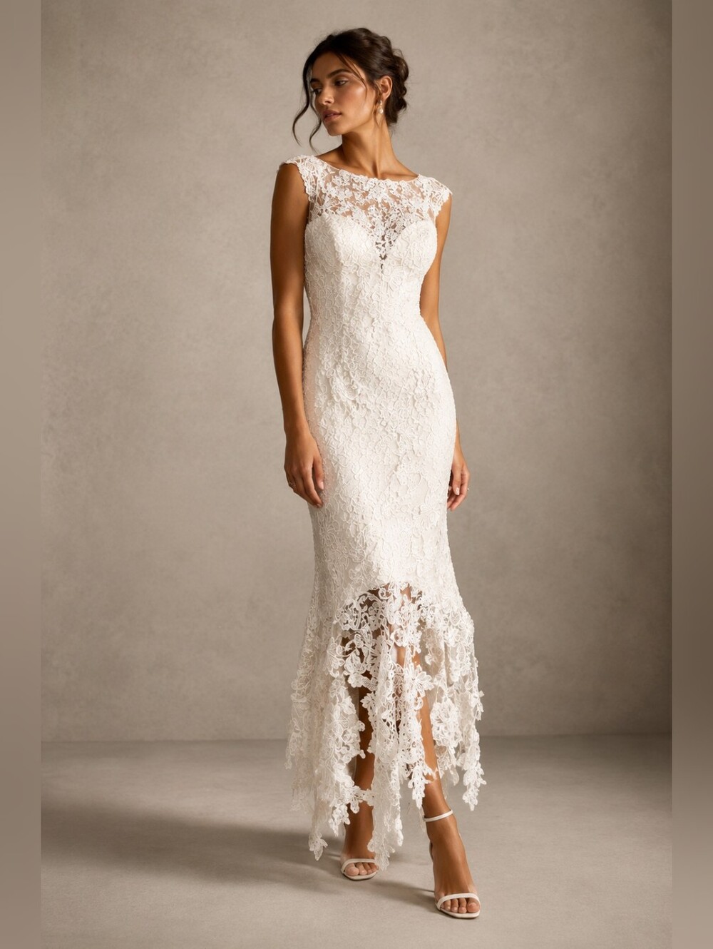 Ivory Lace Low Back Wedding Dress, Reworked Designer Bridal Gown, Cocktail Dress